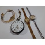 Mixed watches comprising a Victorian silver pocket watch with the maker's mark AV, a Pulsar gold