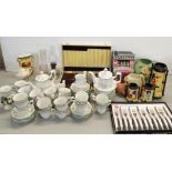 A mixed lot to include a stainless steel Sheffield canteen of cutlery, mixed ceramics A/F, glassware