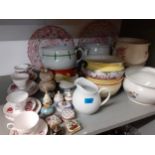 Vintage assorted tea cups and saucers, scent bottles and trinket boxes, a Japanese double gourd vase