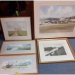 Four watercolours to include two Fishguard harbour scenes, together with a print of The Thames at