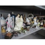 A mixed lot to include miniature brassware, Victorian jug, treen tray, porcelain figures and other