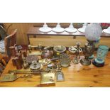 Mixed copper and brassware to include fireside implements, boxes, jugs and candlesticks, together