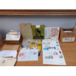 A quantity of First Day covers, franked envelopes, a stock book, loose stamps and stamp album