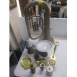 Mixed metalware to include brass ornaments, kitchen scales with weights and an euphonium Location