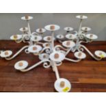 Three vintage white painted wrought iron 8 arm candelabras and three matching candlesticks Location: