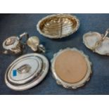Mixed silver plate to include Elkington, a late 19th century bread board, an entre dish, a bread