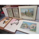Mixed pictures to include two C. Felkel watercolours, two limited edition lithographs depicting Deco