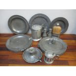 Eighteenth/nineteenth century pewter to include plate warmers A/F, chamber stick, plates, condiments