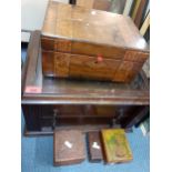 A quantity of wooden boxes to include an oak chest with glass top and an inlaid writing slope