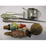 A mixed lot to include a condiment, button hooks, baby pusher and treen items to include two