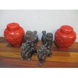 Chinese artefacts to include bronzed metal model dogs and a similar pair of resin examples, and a