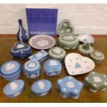 A collection of mixed Wedgwood Jasperware trinket boxes, dishes, plates and a vase Location: