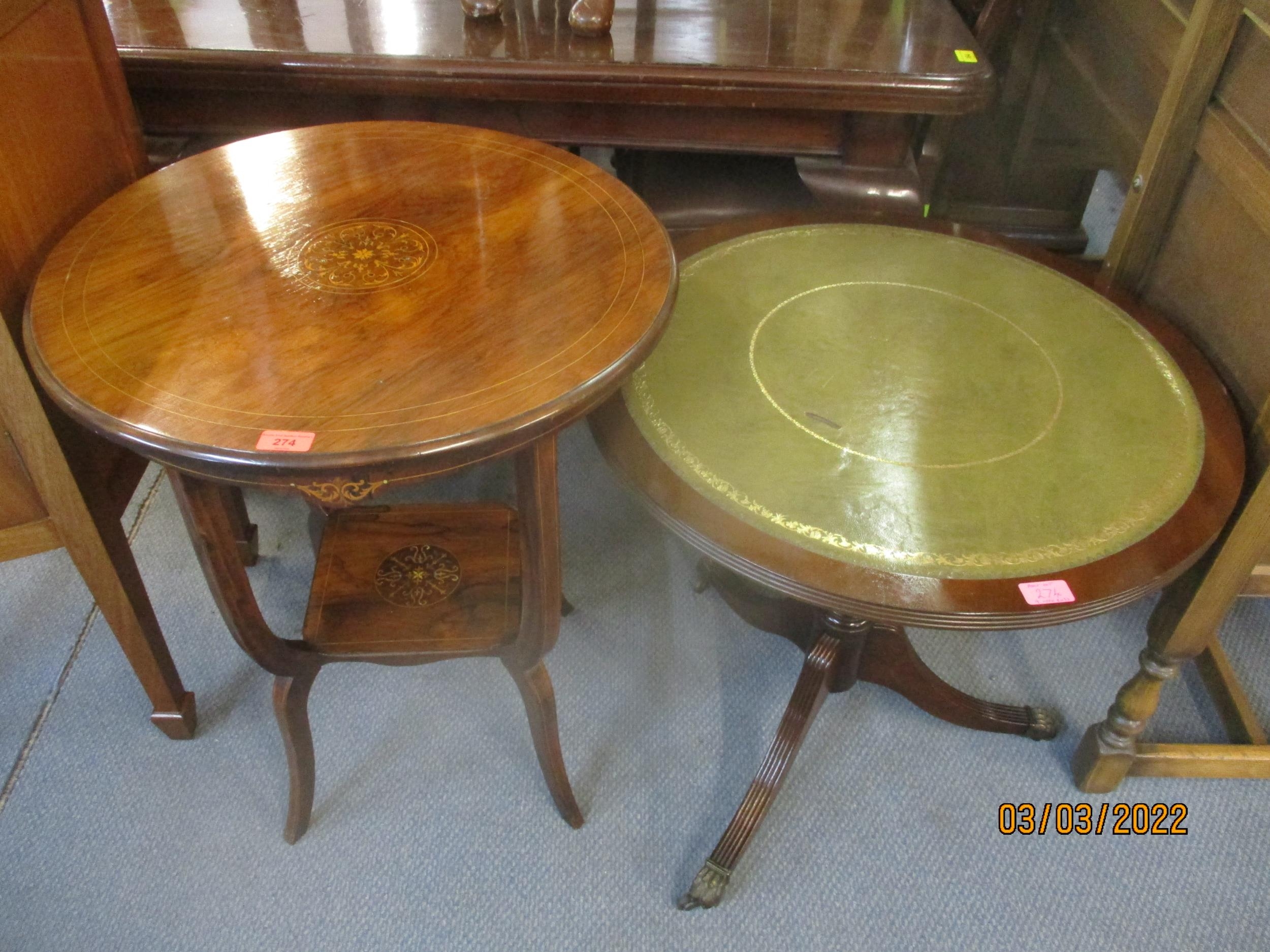 A late Victorian inlaid rosewood two tier occasional table, and a reproduction mahogany pedestal