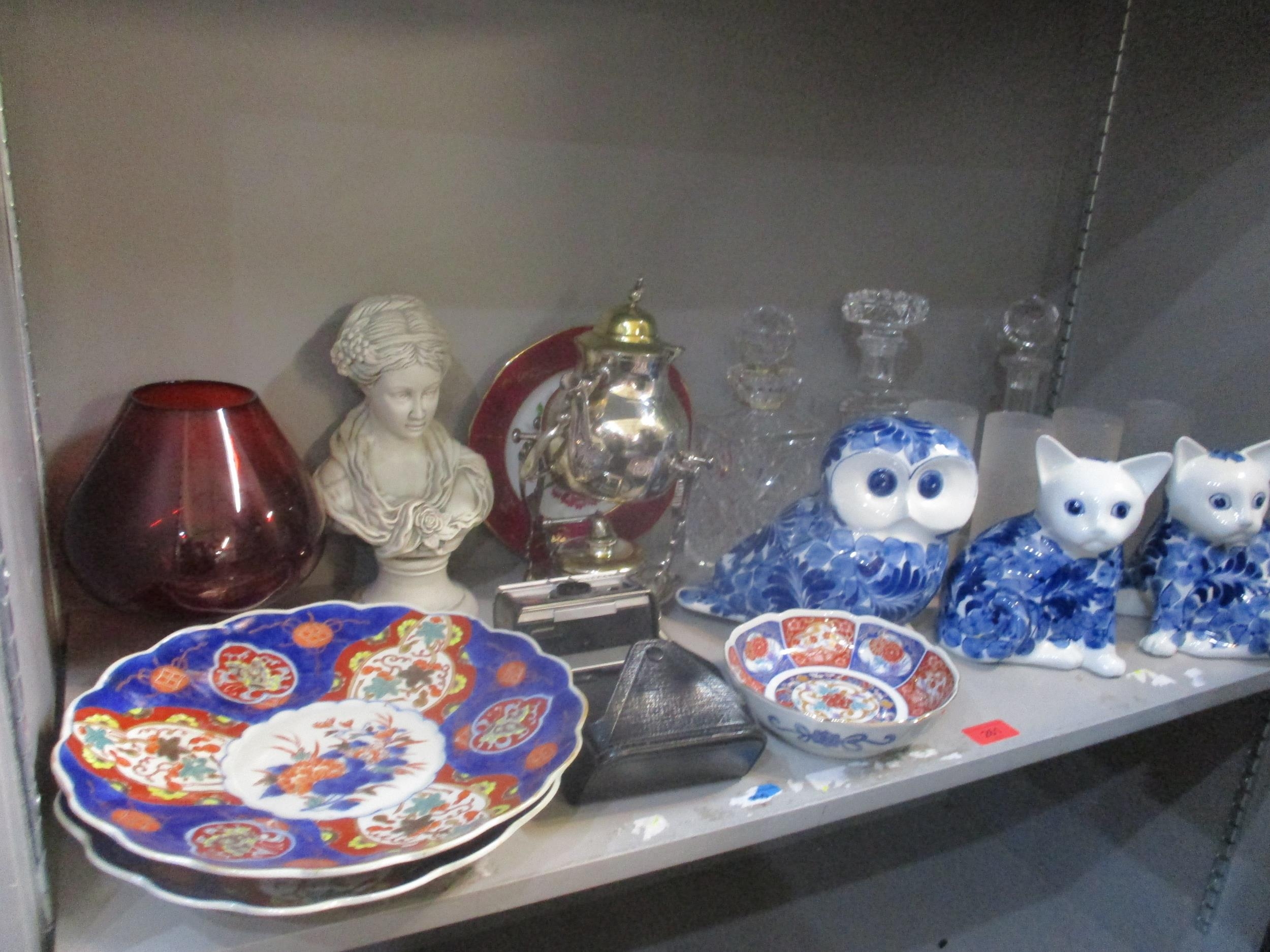 A mixed lot of china and glassware to include two Japanese Imari wall chargers, cut glass ship's