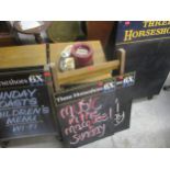 Three wooden framed pub menu signs for the Three Horses and a group of pub jugs, ashtrays and