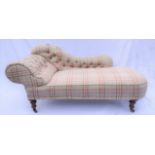 A Victorian mahogany and upholstered chaise longue, possibly by Howard & Sons, the shaped and button