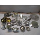 A mixed lot to include silver handled dressing table items, posy vase, mirrored stand and other