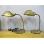 A matching pair of Art Deco gold coloured enamel and cast iron goose neck lamps, rewired and pat