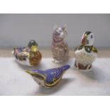 Four Royal Crown Derby paperweights, three with gold bungs and one silver, to include a Puffin, a
