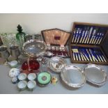 Silver plate, ceramics and glass to include cased cutlery and flatware, silver plated table ware,