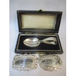 Two silver decanter labels, Sherry and Brandy and a silver child's spoon Location: