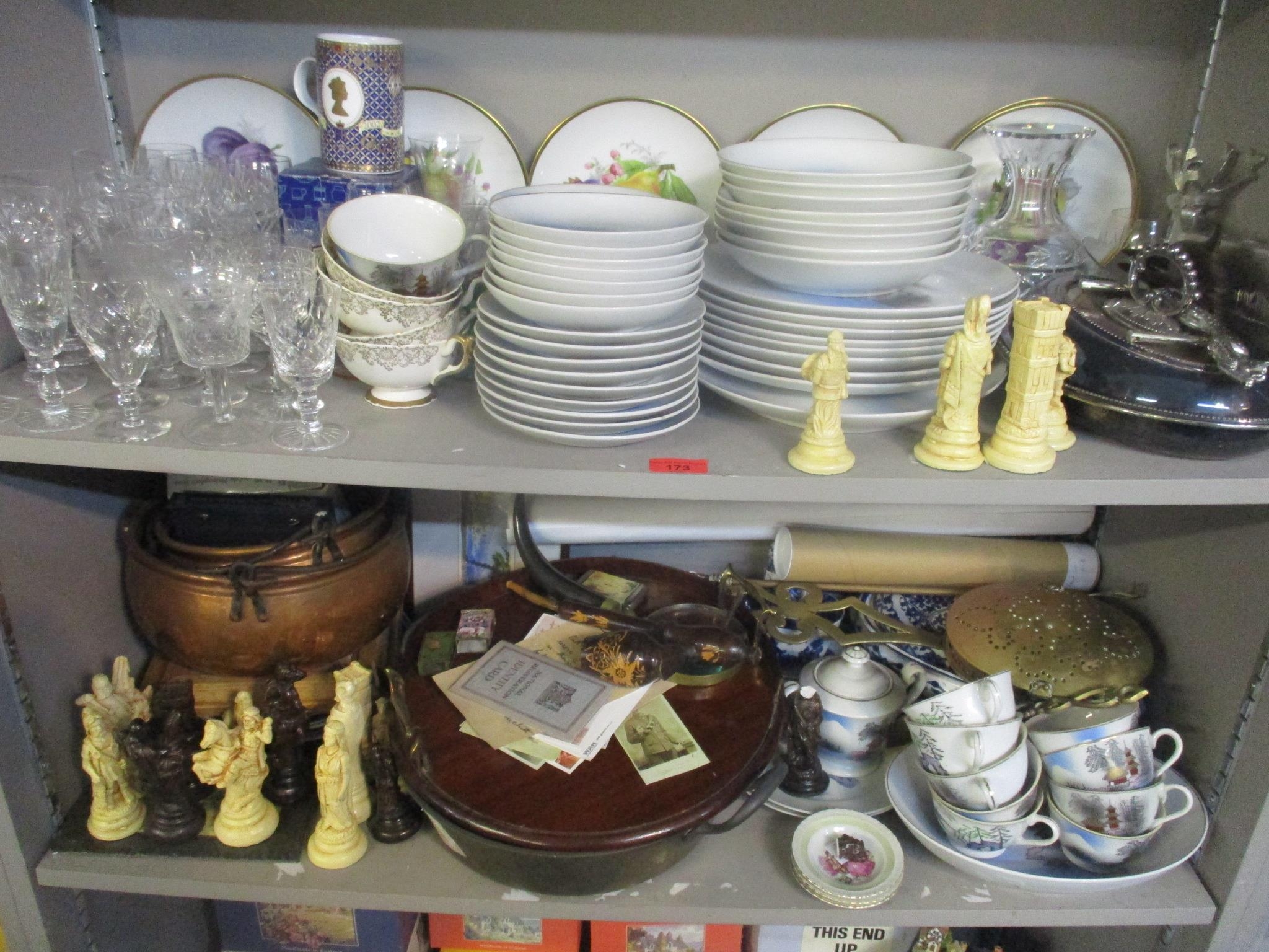 A mixed lot to include silver plated entrée dish, resin chess pieces, copper pots, pipe , dinner