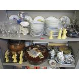 A mixed lot to include silver plated entrée dish, resin chess pieces, copper pots, pipe , dinner