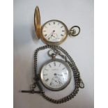 A 19th century silver cased pocket watch and a silver watch chain together with a gold plated hunter