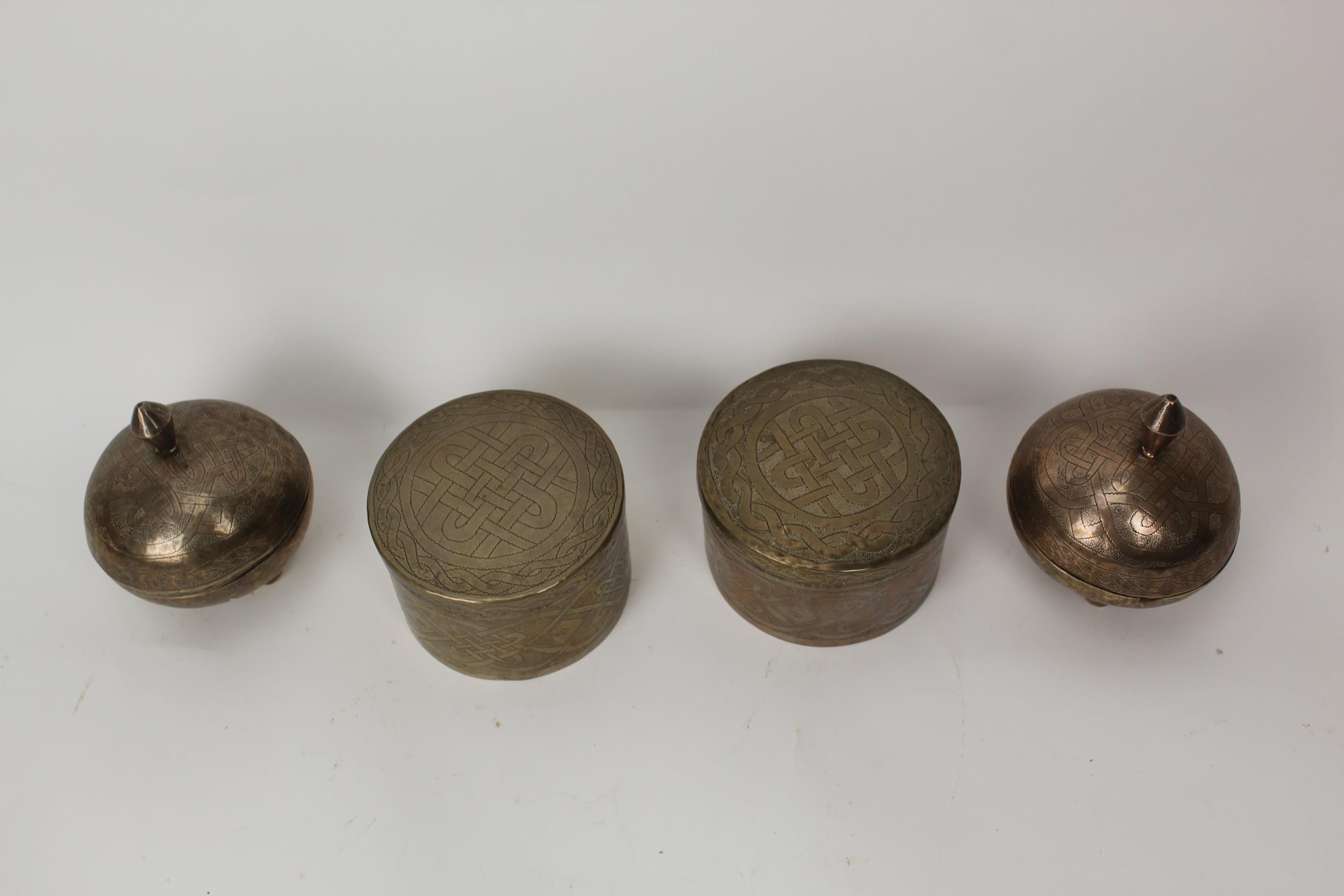African silver coloured metal comprising a pair of cylindrical pots and covers, inscribed Aikin - Image 2 of 3