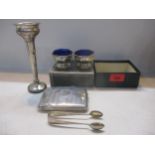 A mixed lot of silver to include a pair of footed salts of octagonal form with blue glass liners and