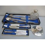 Silver handled Kings pattern flatware, a set of five silver teaspoons and a silver napkin ring and a