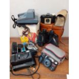 Vintage camera and binoculars to include an Olympus Multi AF Superzoom 110 and a box Brownie