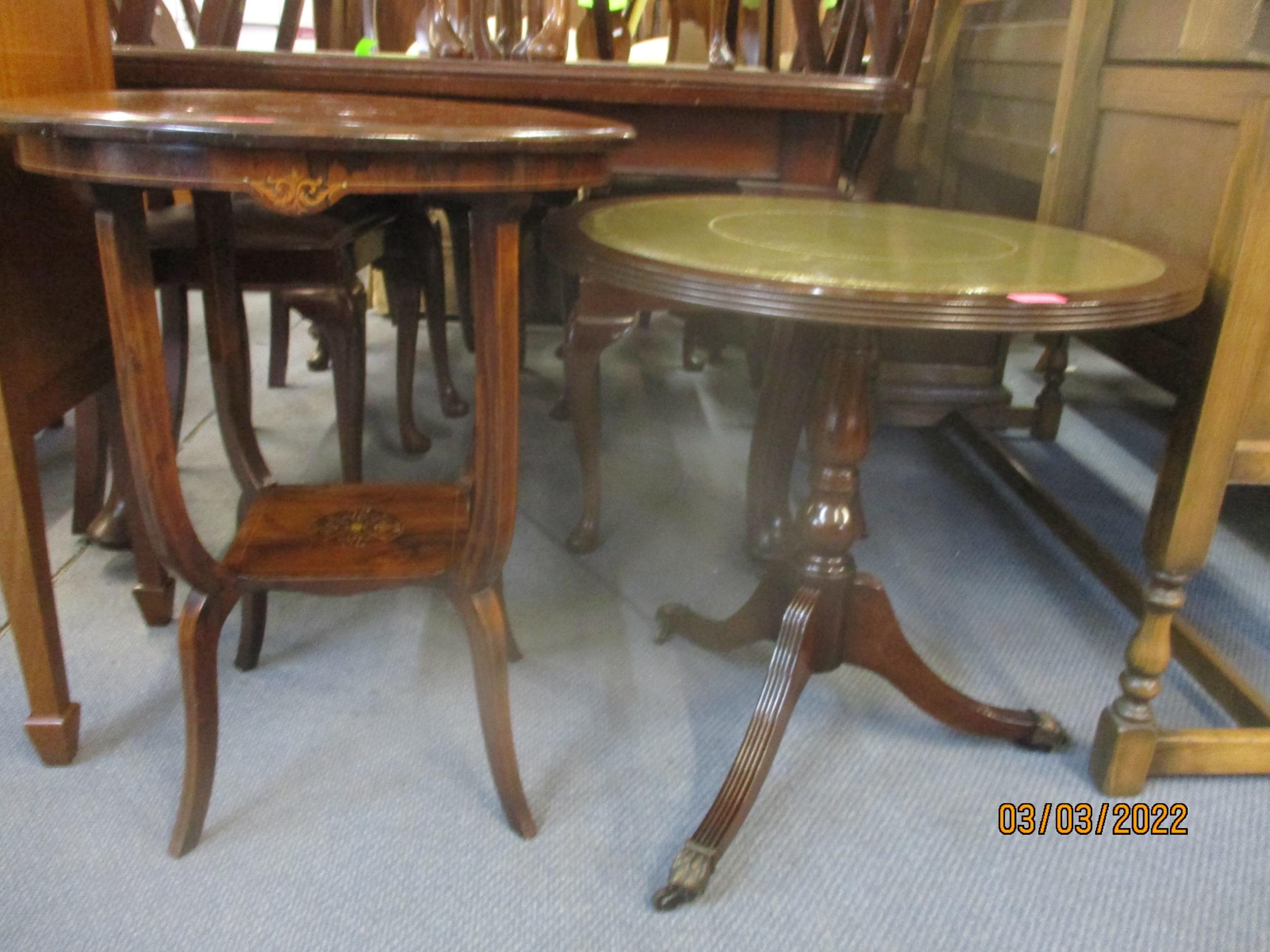 A late Victorian inlaid rosewood two tier occasional table, and a reproduction mahogany pedestal - Image 4 of 4