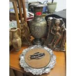 A mixed lot to include a cutlery pocket knife, a metal floral decorated vase, treen carved sculpture