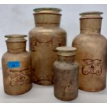 Four graduating glass bathroom jars with lids and painted decoration in the early 20th Century