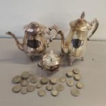 Two silver plated coffee pots and sugar pot A/F, together with a collection of 1920s-1940s half-