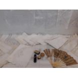 Vintage white cotton and crotchet table cloths and place mats together with a 19th Century fan A/