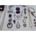 Sterling silver and silver coloured costume jewellery with purple stones to include a Sterling