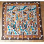 Missoni- A vintage silk scarf in brown, orange, cream and turquoise colour-way, hand rolled edges,