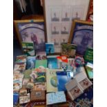 A quantity of golfing prints and golf related books, together with vintage match boxes and retro tea