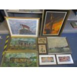 A quantity of framed pictures to include M Cobb '89 a marine painting of sail boats in harbour,