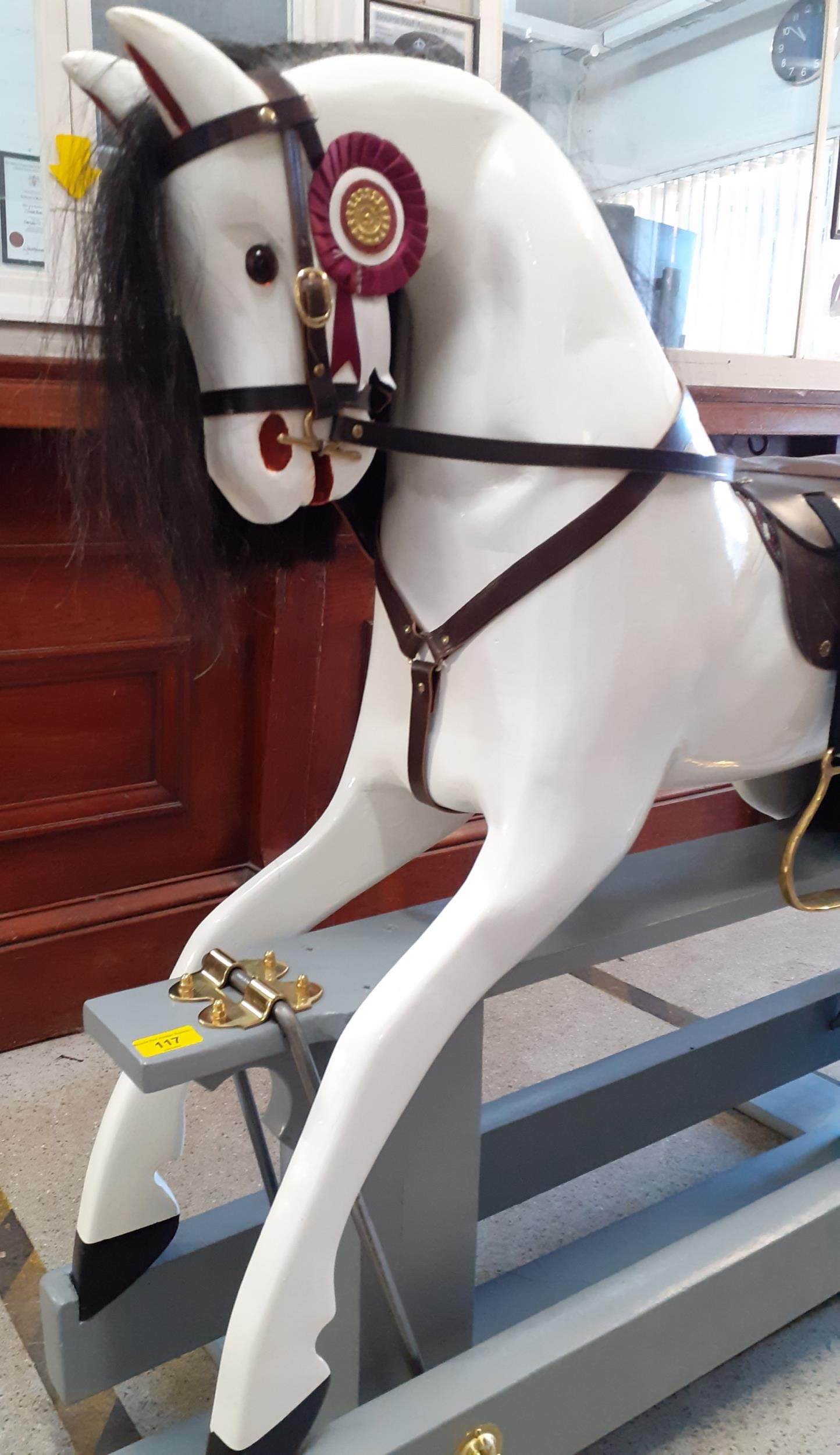 A bespoke rocking horse in white on a grey painted stand with real black horse hair to the mane - Image 2 of 2