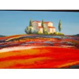 T Demer - Italian house on the hill, an oil on canvas, 123cm x 60cm, signed lower right hand corner,