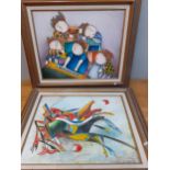 Two colourful overpainted prints on canvas signed lower right hand corner, one depicting female