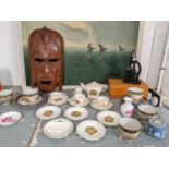 A mixed lot to include a child's commemorative sea set, Japanese teaware, a carved wooden mask, a
