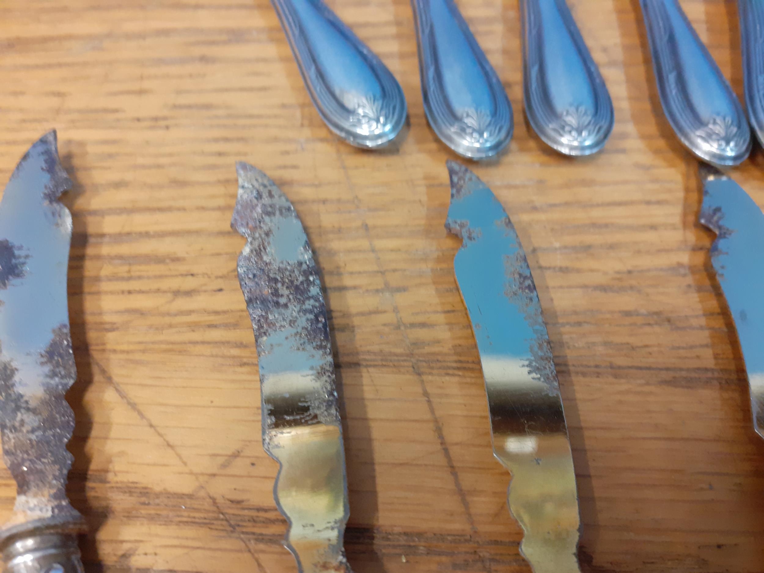 A set of six white metal pickle forks and knives Condition: Tarnishing to the blades - see photos - Image 3 of 3