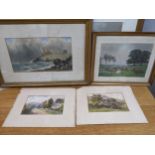 Fred Stubbing - cattle in a field EAW - a pair of country cottage scenes, watercolour, and GL Hall -