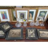 Two claret jugs, three decanters and various framed prints