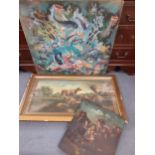 Framed and glazed oil on canvas depicting cattle A/F and two oil on board, one depicting fish and