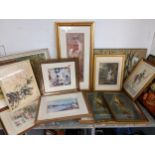 Prints to include two early 20th century examples of a boy and a dog, golfing related and many